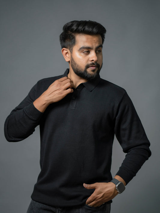 Black Supersoft Cotton Polo - Full Sleeve - The No Name Club